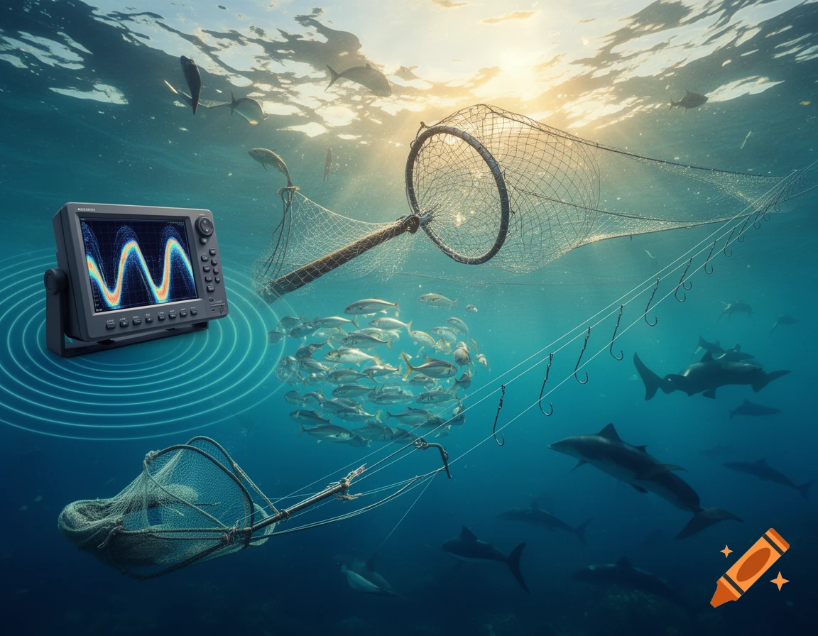 Underwater scene featuring fishing nets, hooks, a school of fish, and sharks, with a sonar device displaying a waveform.