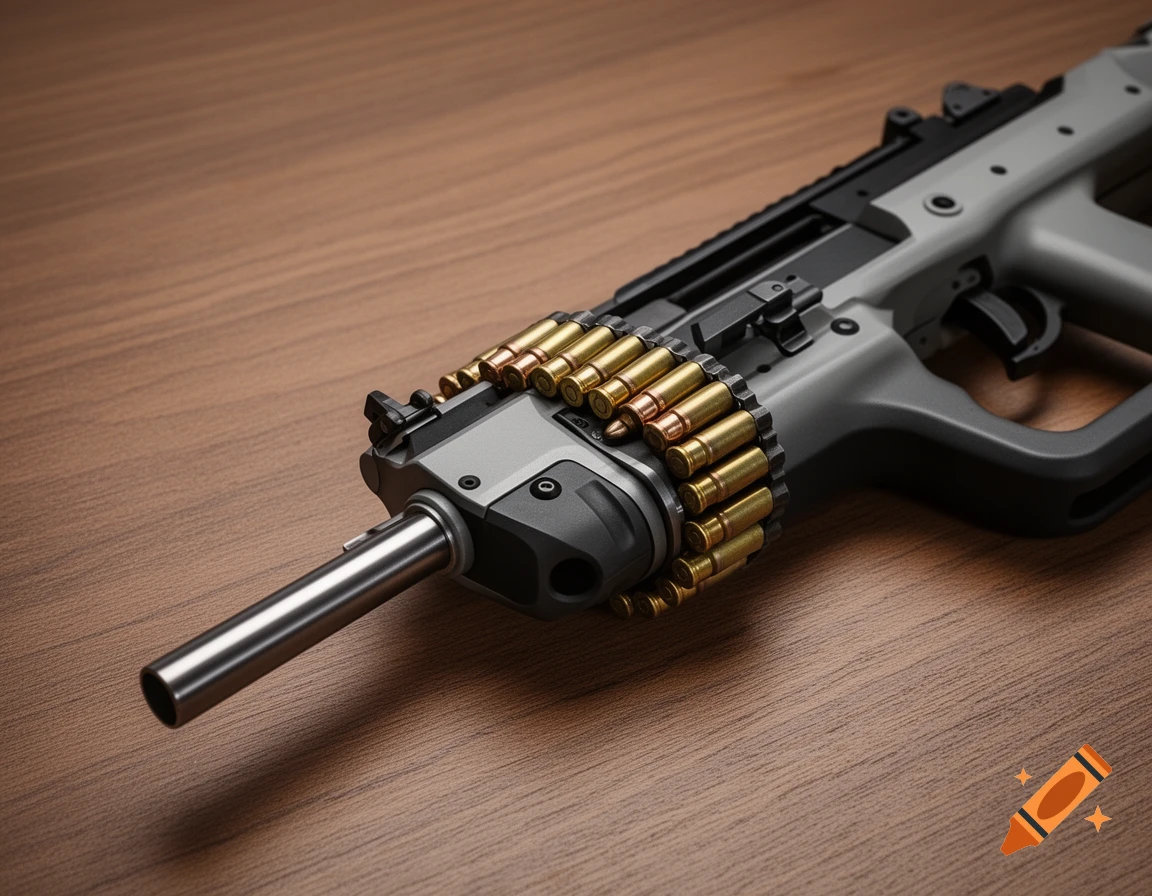 A photorealistic close-up of a modified P90-style firearm with a belt-fed ammunition system, on a wooden surface.