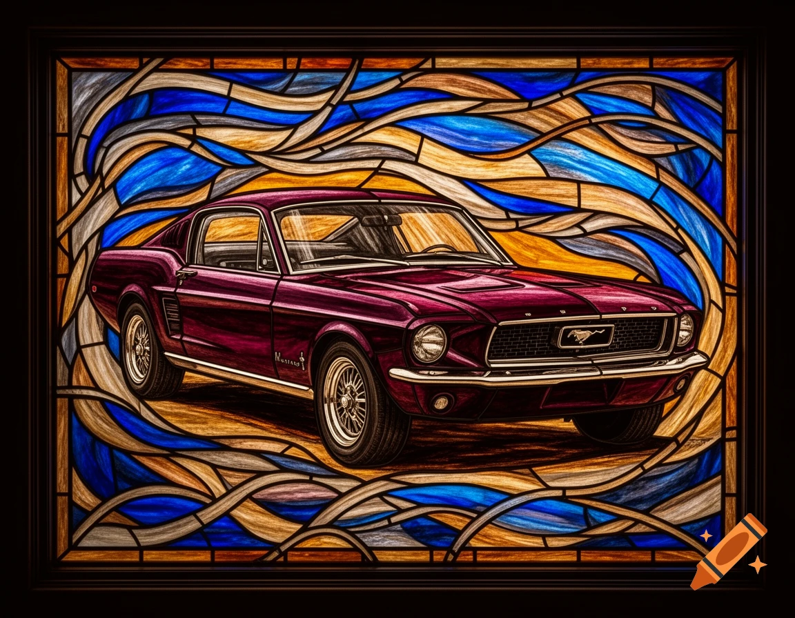A magenta vintage Ford Mustang in a Tiffany-style stained glass artwork with flowing blue, gold, and grey lines.