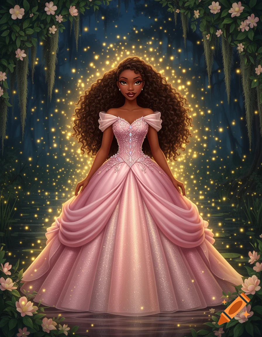 A radiant Black princess in a shimmering pink ball gown stands in a magical, firefly-lit bayou with lush greenery and flowers.