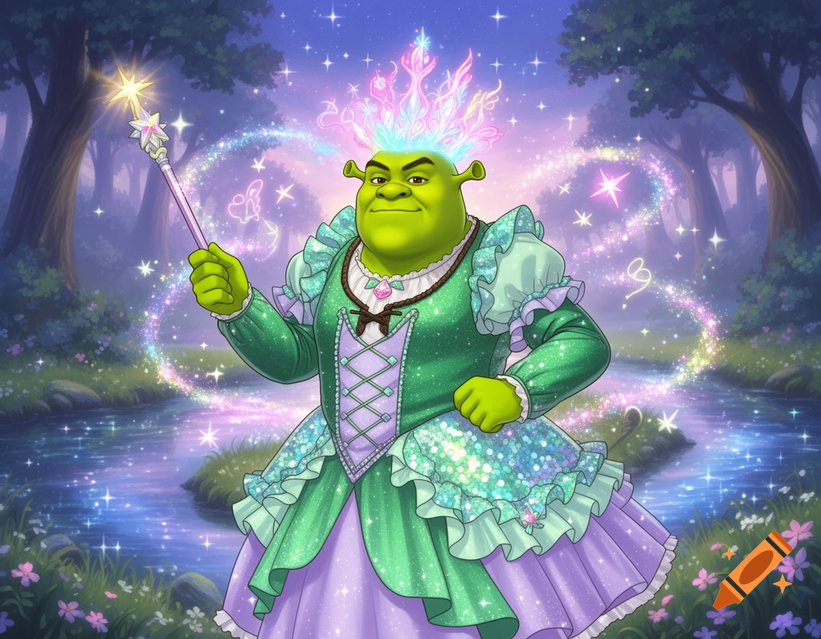 Shrek as a magical girl in a sparkly green and purple dress, holding a star wand, surrounded by magic in an enchanted forest.