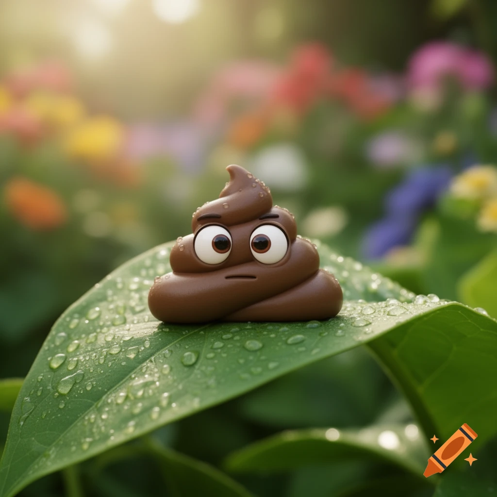 A cartoon poop emoji with wide eyes and a neutral expression sits on a dew-covered green leaf with a blurry garden background.