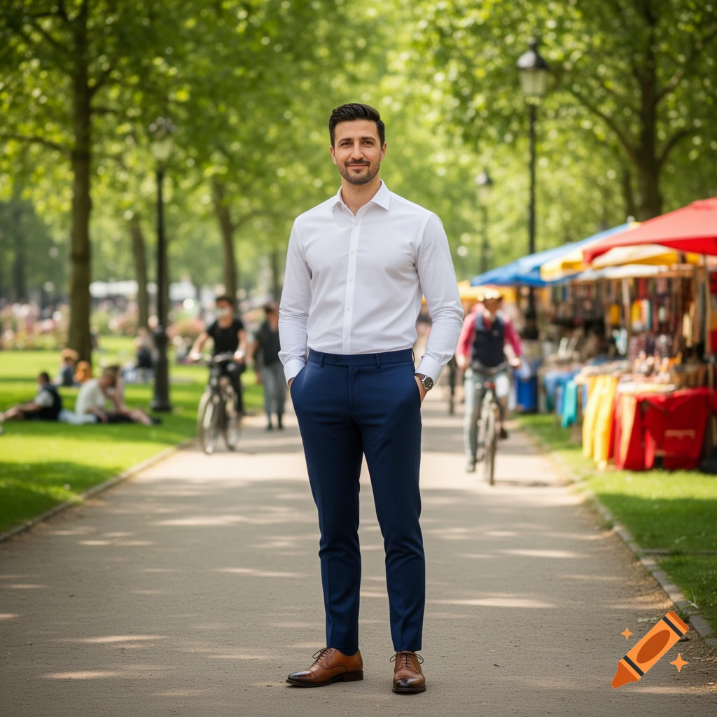 Man in white shirt and blue pants standing on a park path with trees and market stalls in background, photorealistic.