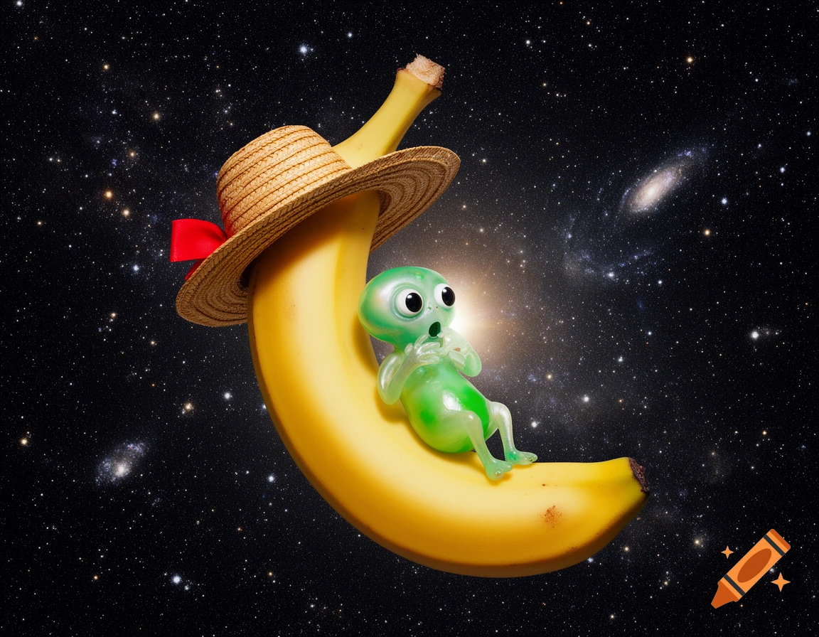 A banana wearing a straw hat with a red ribbon and a surprised green alien riding on it, set against a backdrop of outer space with stars and galaxies.