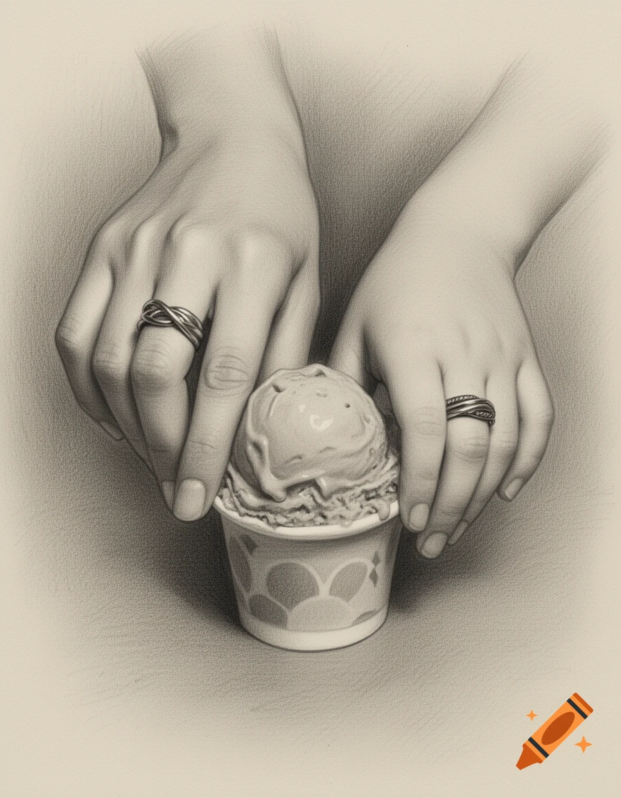 Charcoal drawing of two hands, one with an intertwined ring and the other with a triple ring, gently holding a cup of ice cream.
