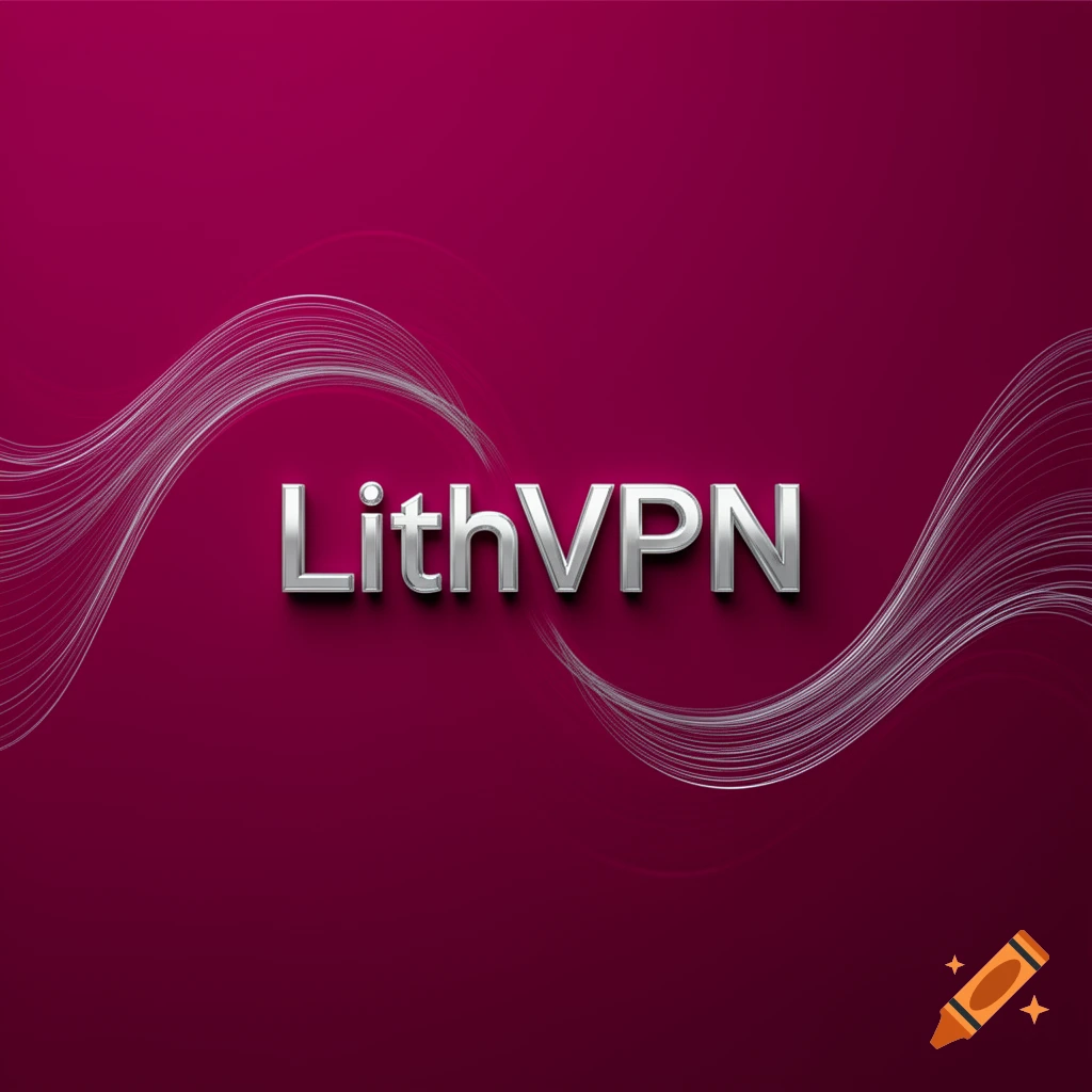 Silver 3D text 'LithVPN' centered on a magenta background with abstract, wavy silver lines.