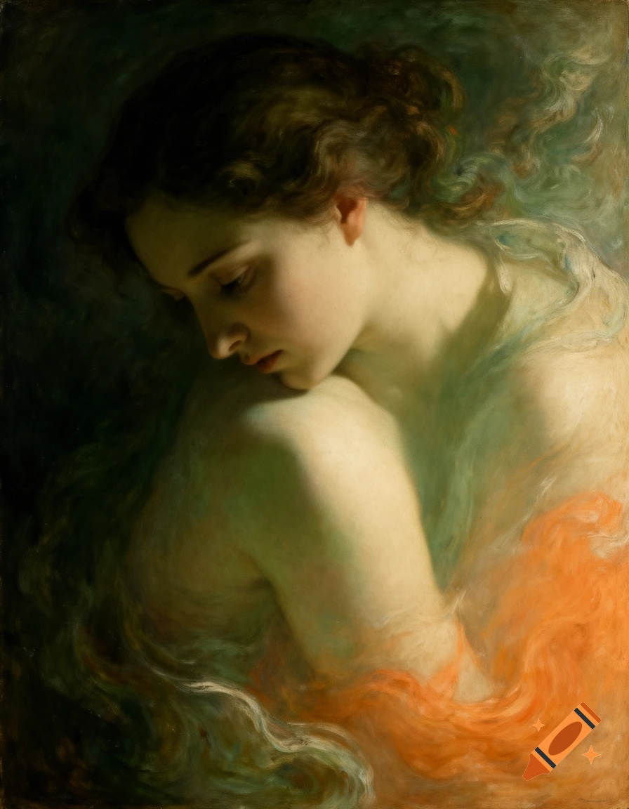 Classical oil painting of a pensive woman looking down, with flowing orange fabric and a dark, green-tinged background.