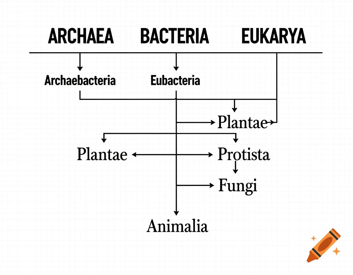 A black and white flowchart illustrating biological domains (Archaea, Bacteria, Eukarya) and kingdoms.