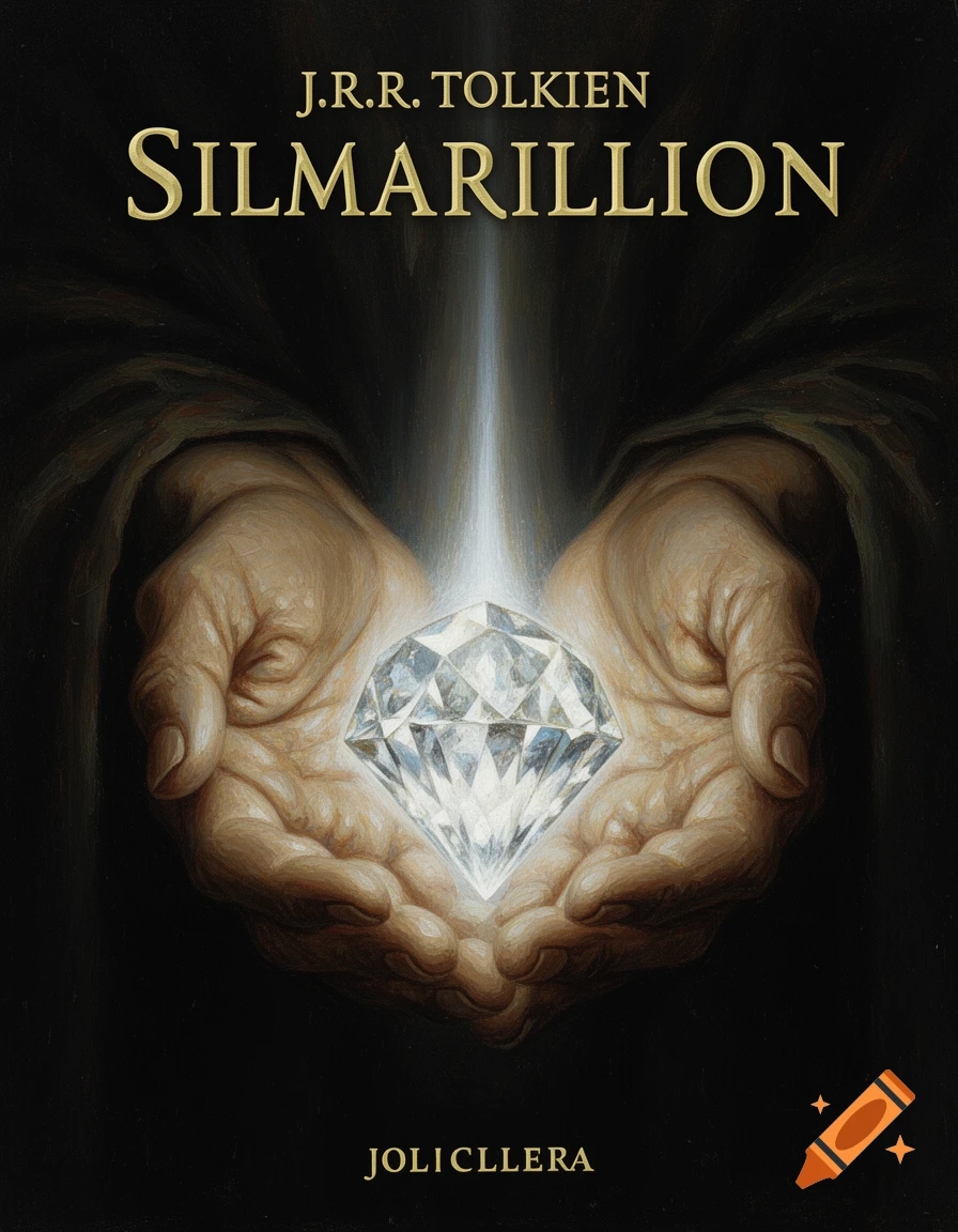 An oil painting of two hands cupping a brilliant, glowing diamond. The book title 'SILMARILLION' by J.R.R. TOLKIEN is at the top.
