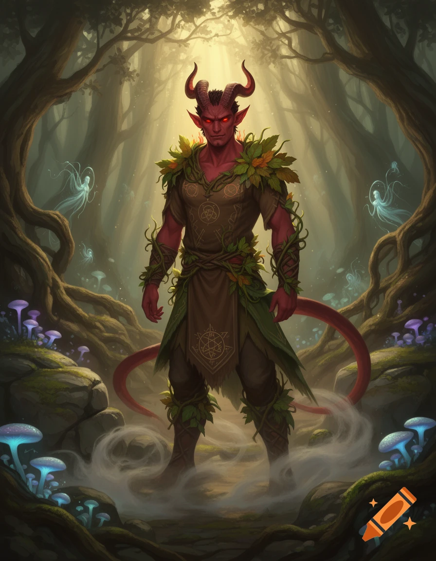 A red-skinned Tiefling druid with horns and a tail stands in a mystical forest with glowing mushrooms and wispy spirits.