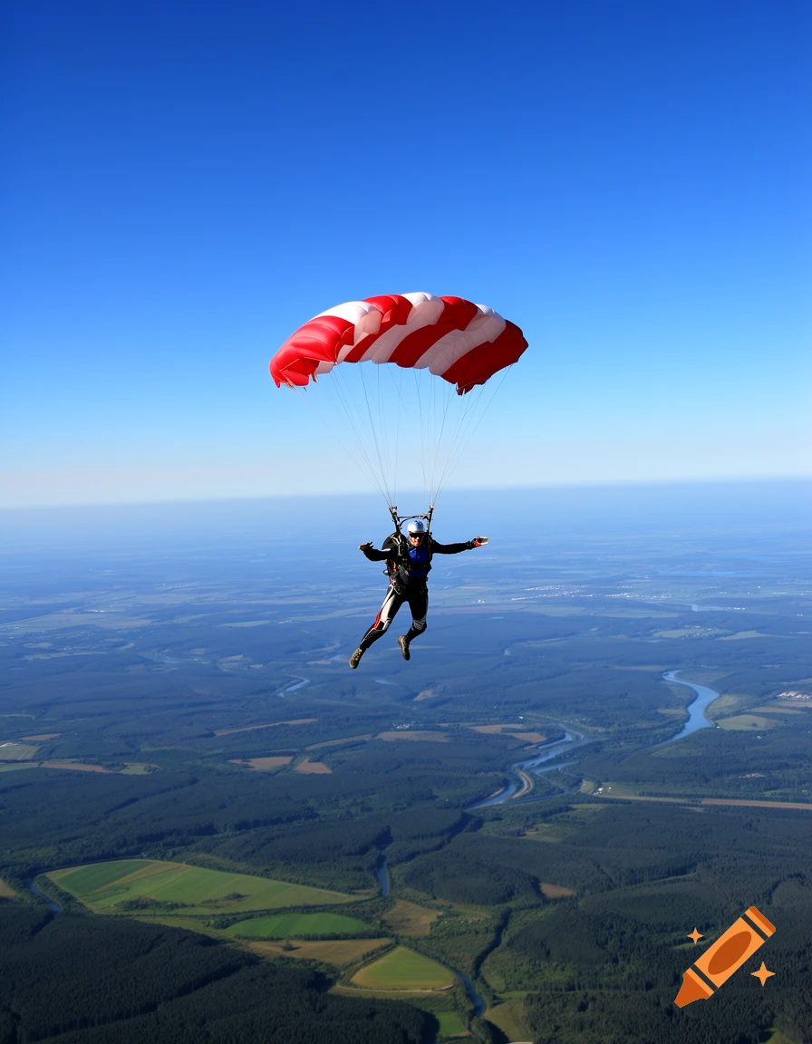 A person with a red and white parachute descends over a sprawling green landscape with rivers under a clear blue sky.