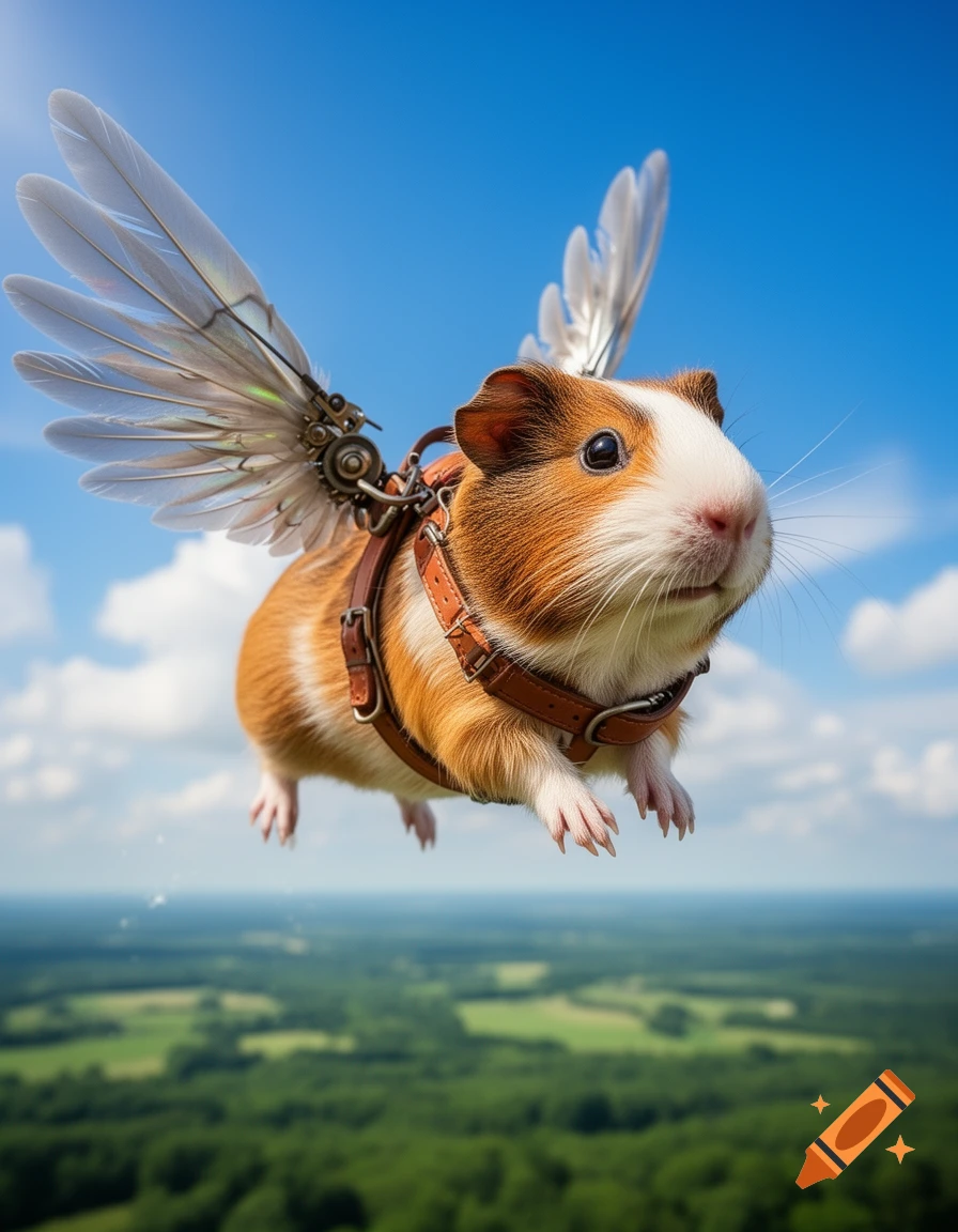 Photorealistic image of a guinea pig with mechanical wings flying high above a green landscape under a bright blue sky.