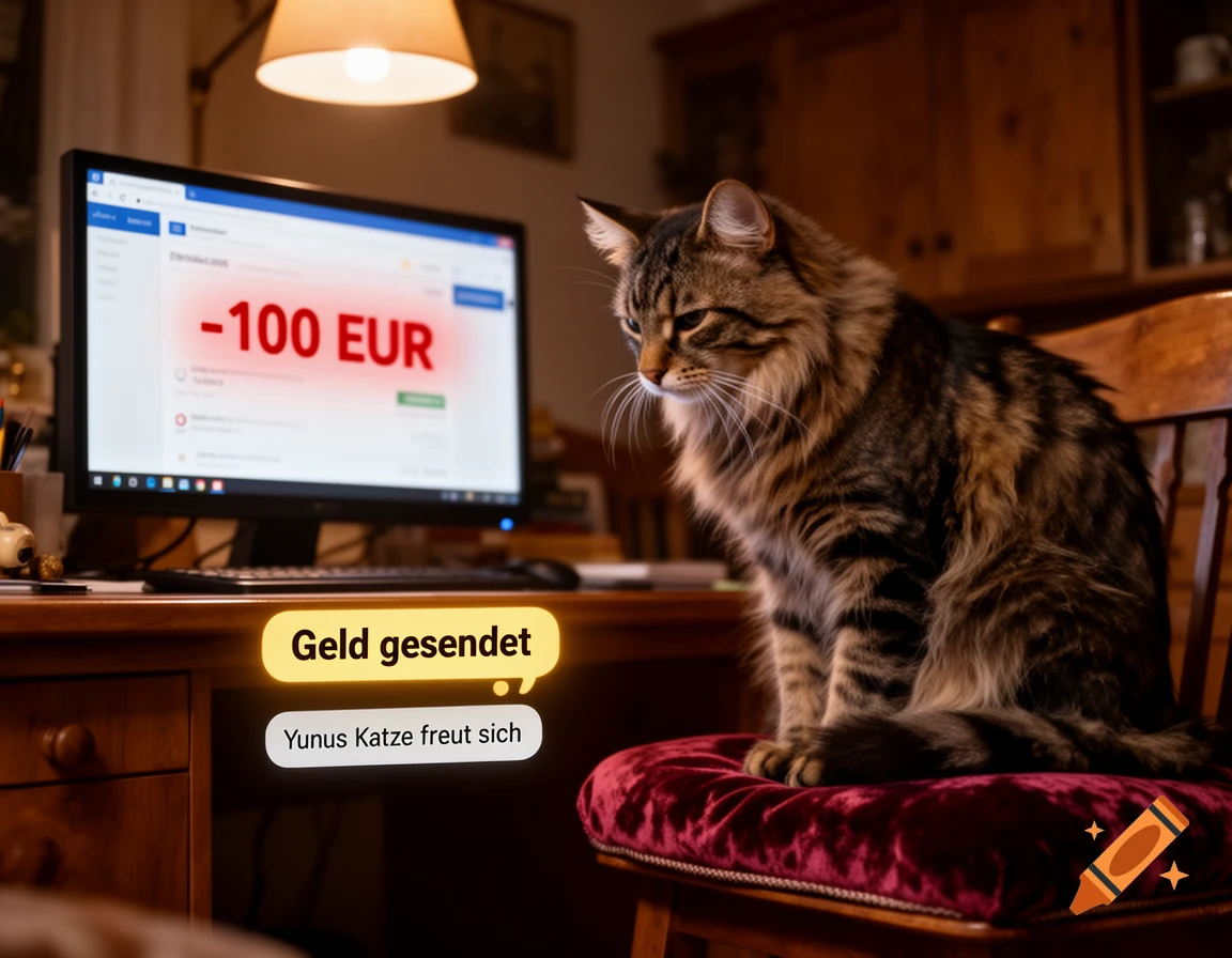 A sad tabby cat sits on a red velvet chair next to a computer displaying a '-100 EUR' balance. Speech bubbles say 'Geld gesendet' and 'Yunus Katze freut sich'.