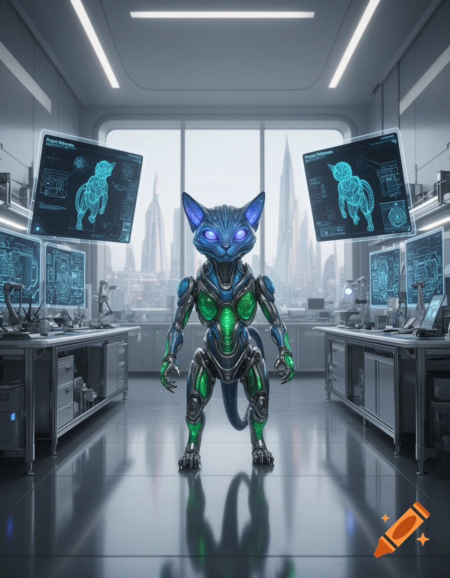 A blue and green robotic cat stands in a futuristic laboratory with holographic screens and a cityscape outside.