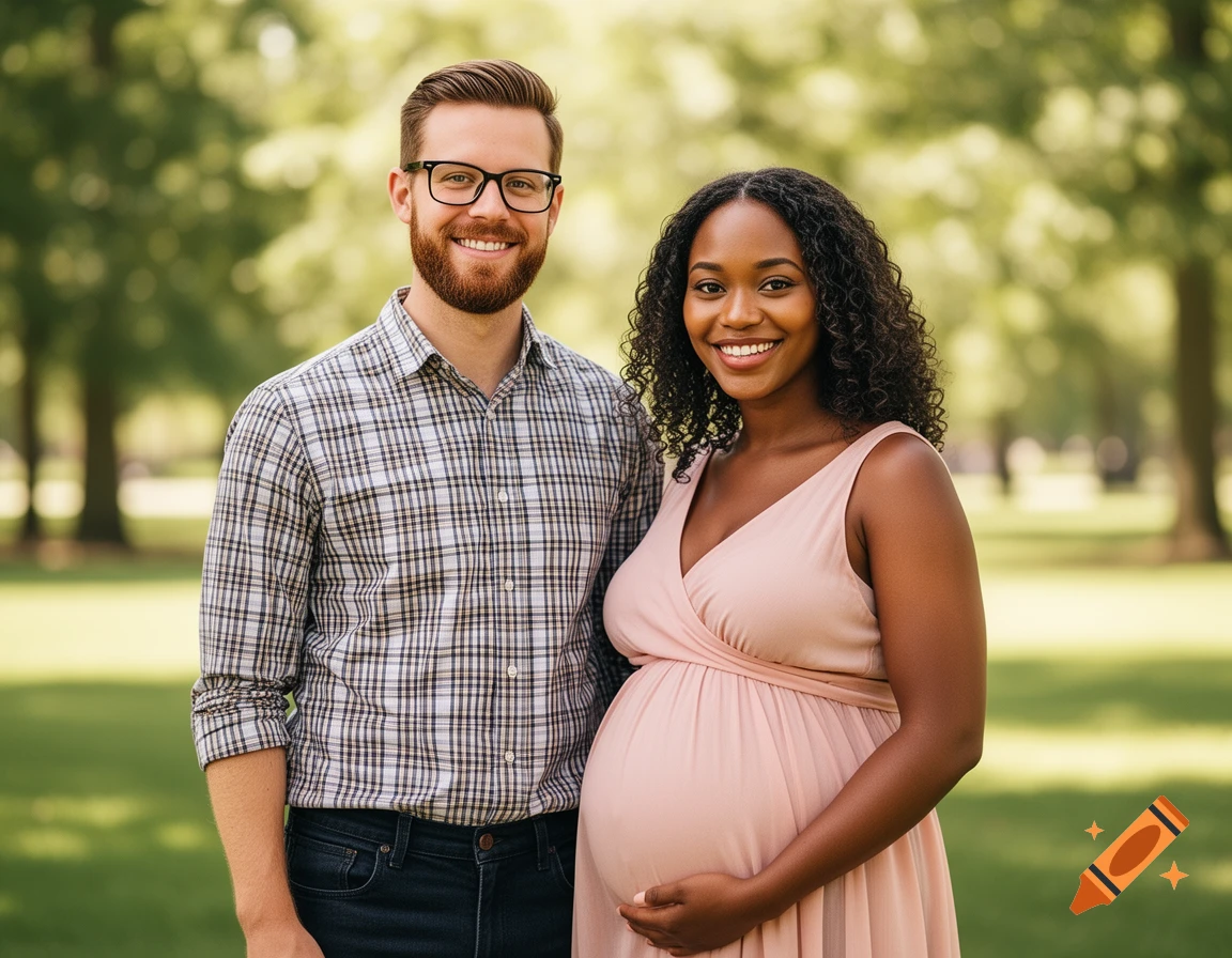 A smiling man in glasses and a plaid shirt stands with a smiling pregnant woman in a pink dress, both outdoors in a park.