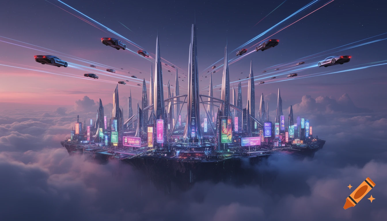 A vibrant futuristic city with tall skyscrapers and neon lights floats above clouds, with flying cars zipping through the sky at sunset.