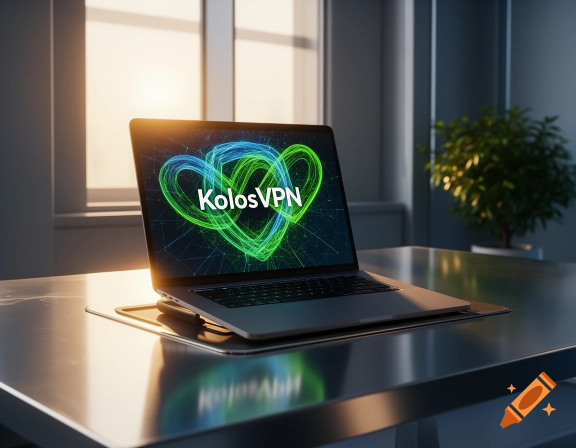 A laptop on a reflective desk displays a glowing KolosVPN logo with intertwining blue and green heart shapes in a sunlit office.