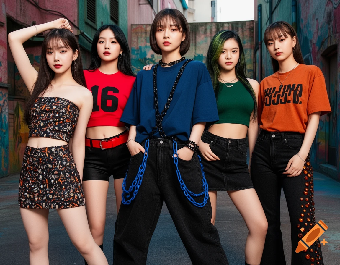 Five young women in urban-style outfits pose in an alley. One wears a red crop top with "16," another a blue tee with chains, a third a green crop top, and a fourth an orange tee with garbled text. The fifth wears a patterned tube top and skirt. Photorealistic style.