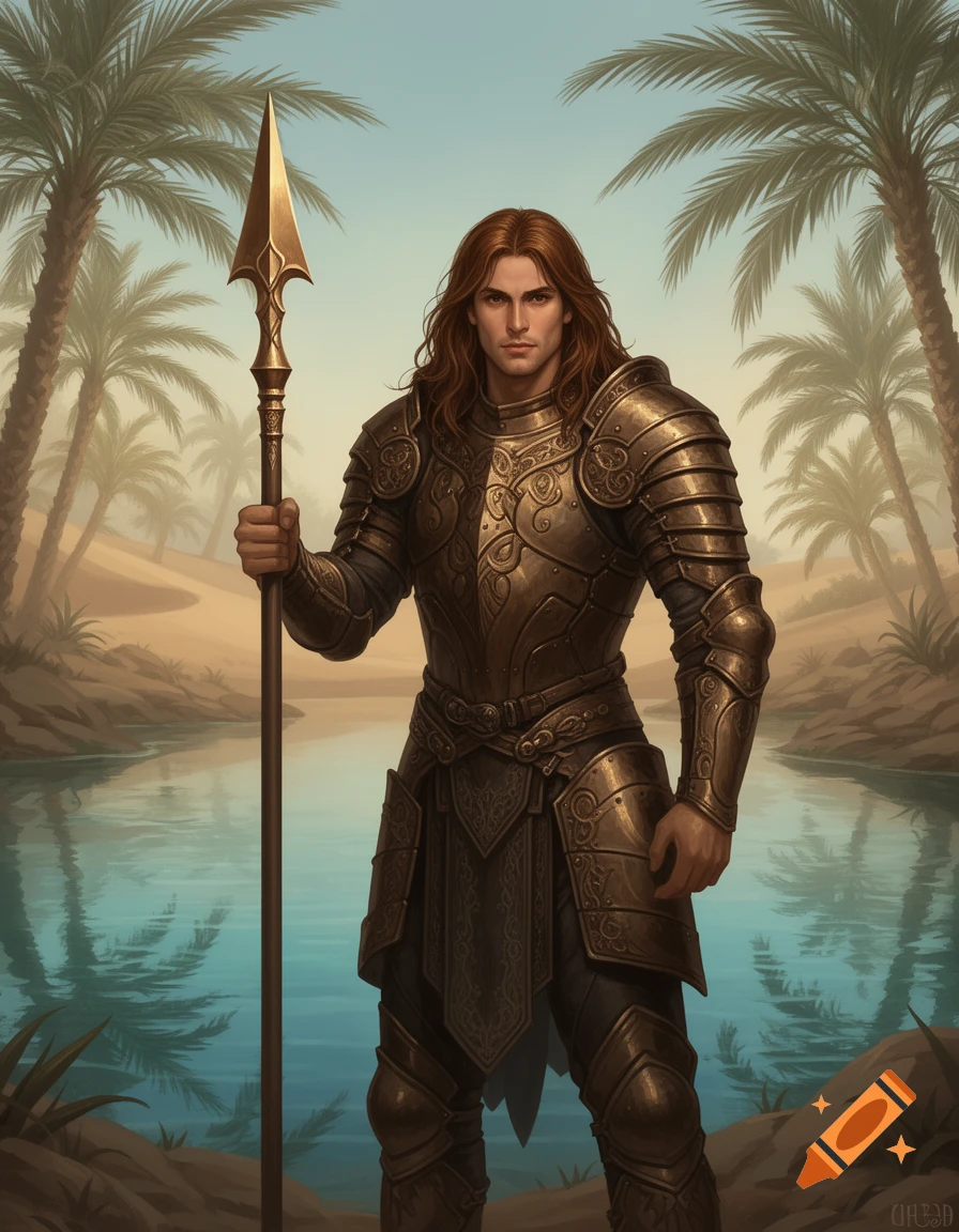 A muscular male warrior in bronze armor holds a spear in a desert oasis with palm trees, in an epic fantasy illustration style.