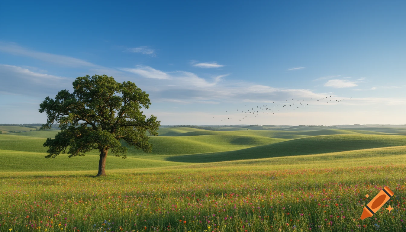 A single tree stands in a field of colorful wildflowers and rolling green hills under a bright blue sky with birds flying.