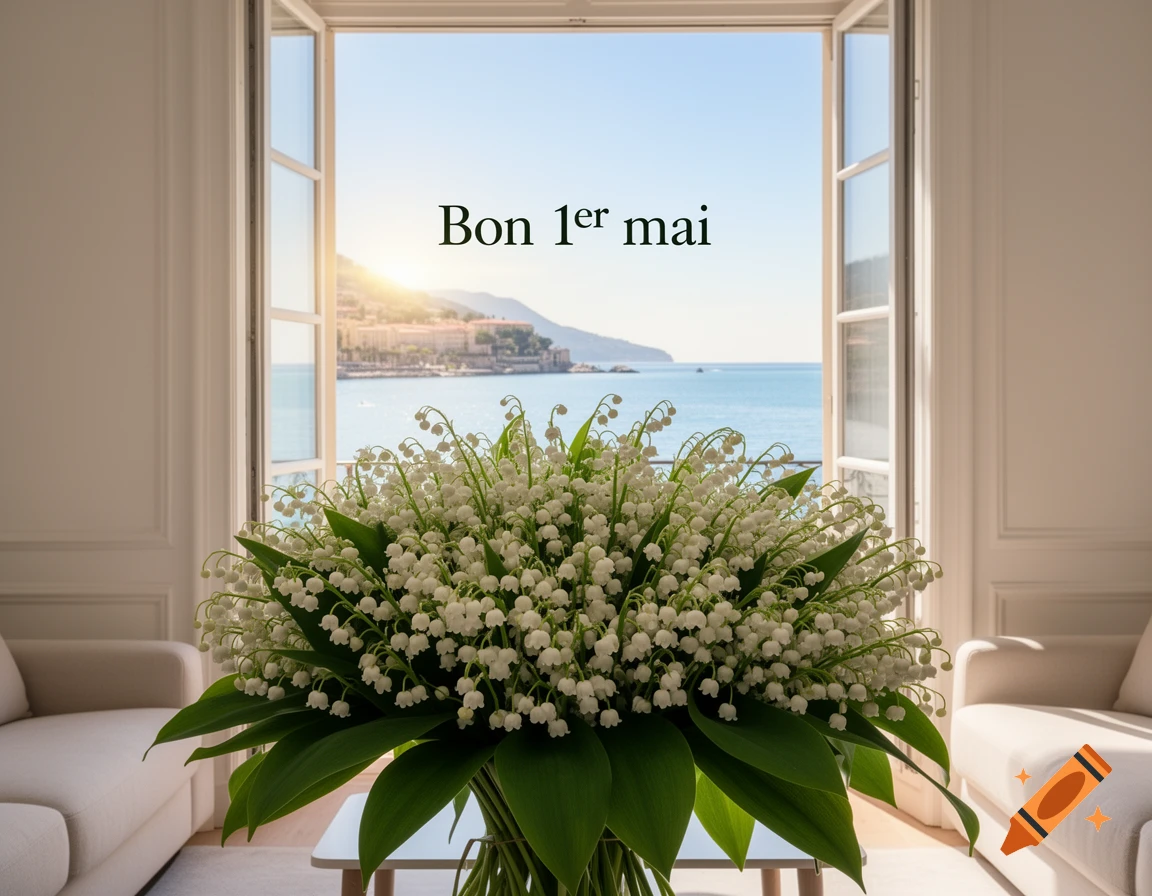 A large bouquet of lily of the valley flowers on a table in a room overlooking a sunny seascape and coastal town, with 'Bon 1er mai' text.