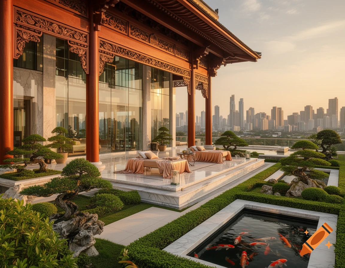 Opulent Asian-style mansion with carved wooden architecture, a meticulously landscaped garden, koi pond, and a city view at sunset.