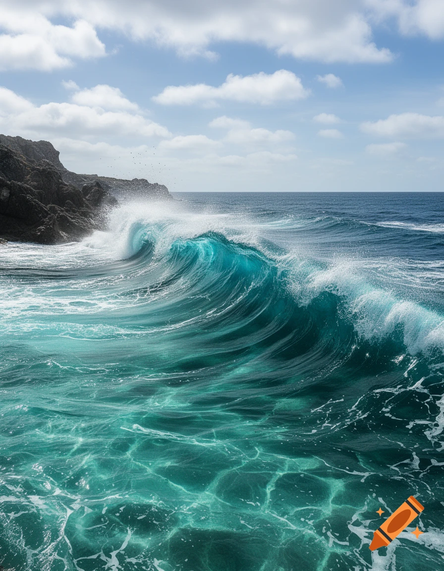 A powerful turquoise ocean wave crashes against dark rocks under a partly cloudy sky, with clear water in the foreground.
