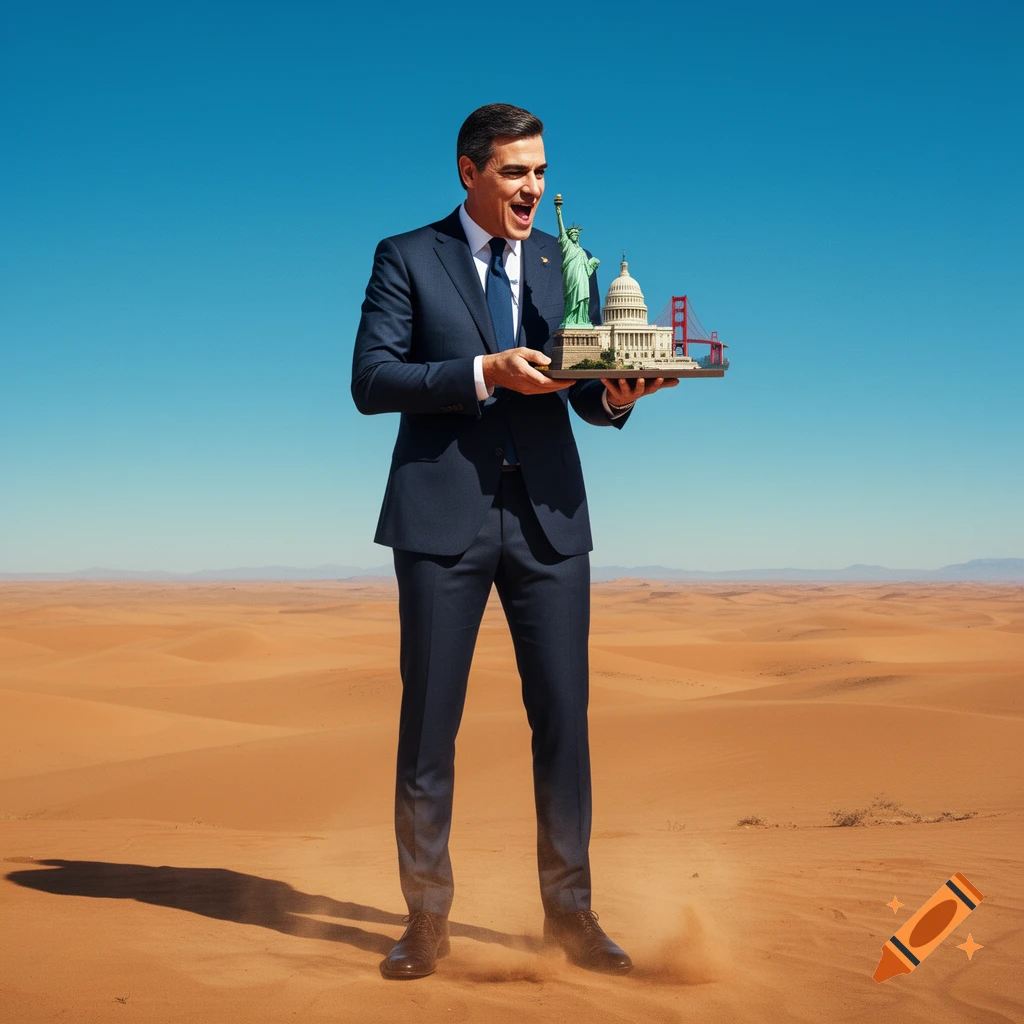 Pedro Sanchez, a man in a suit, stands in a vast desert holding a tray with miniature US landmarks including the Statue of Liberty.