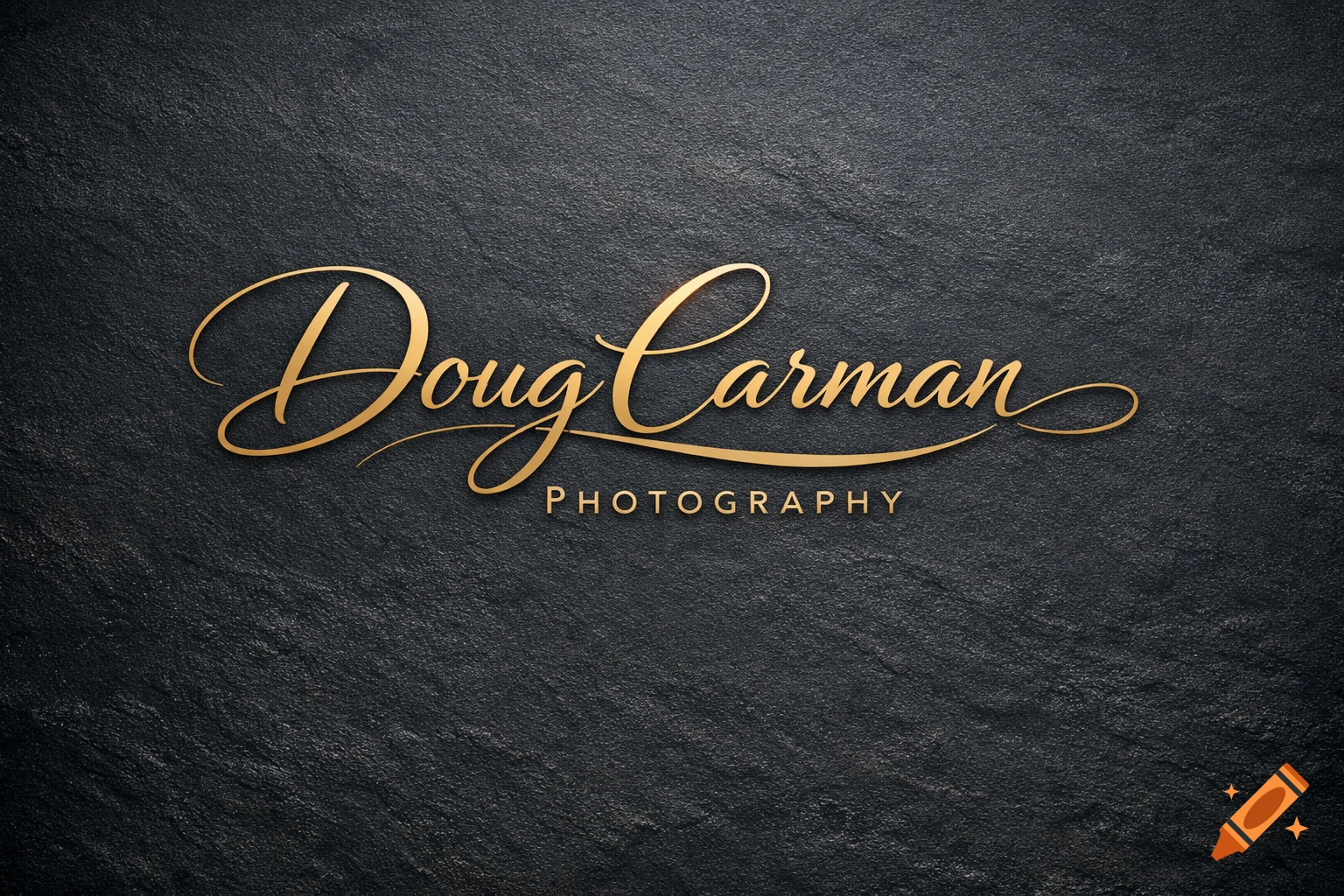 Elegant gold script logo 'Doug Carman PHOTOGRAPHY' on a dark textured stone background.