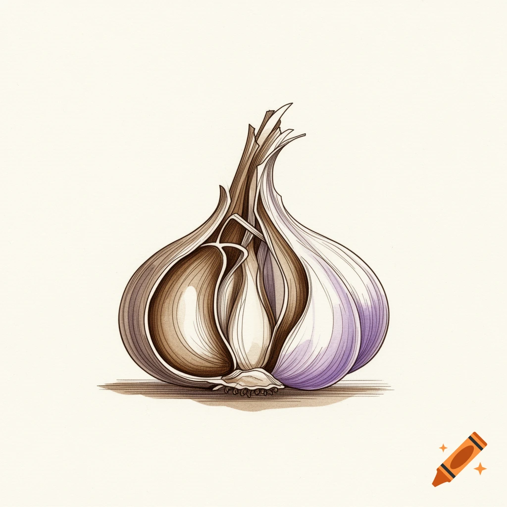 A detailed fineline ink drawing of a cross-section of a garlic bulb with brown and purple shading.