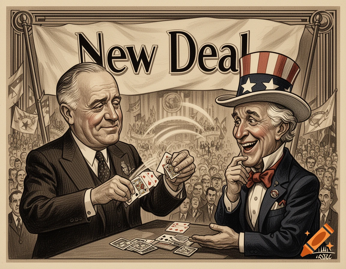 A 1930s political caricature of President Roosevelt dealing cards to Uncle Sam under a 'New Deal' banner at a rally.