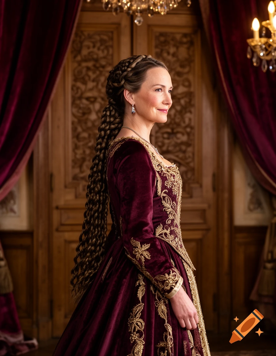 A woman in a richly embroidered burgundy velvet historical dress with a long, intricate braid, smiling softly in a grand room.