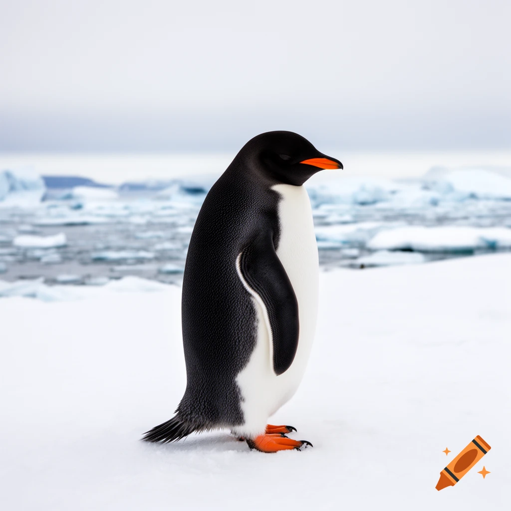 A photorealistic penguin stands on snow with a blurry background of ice and water.