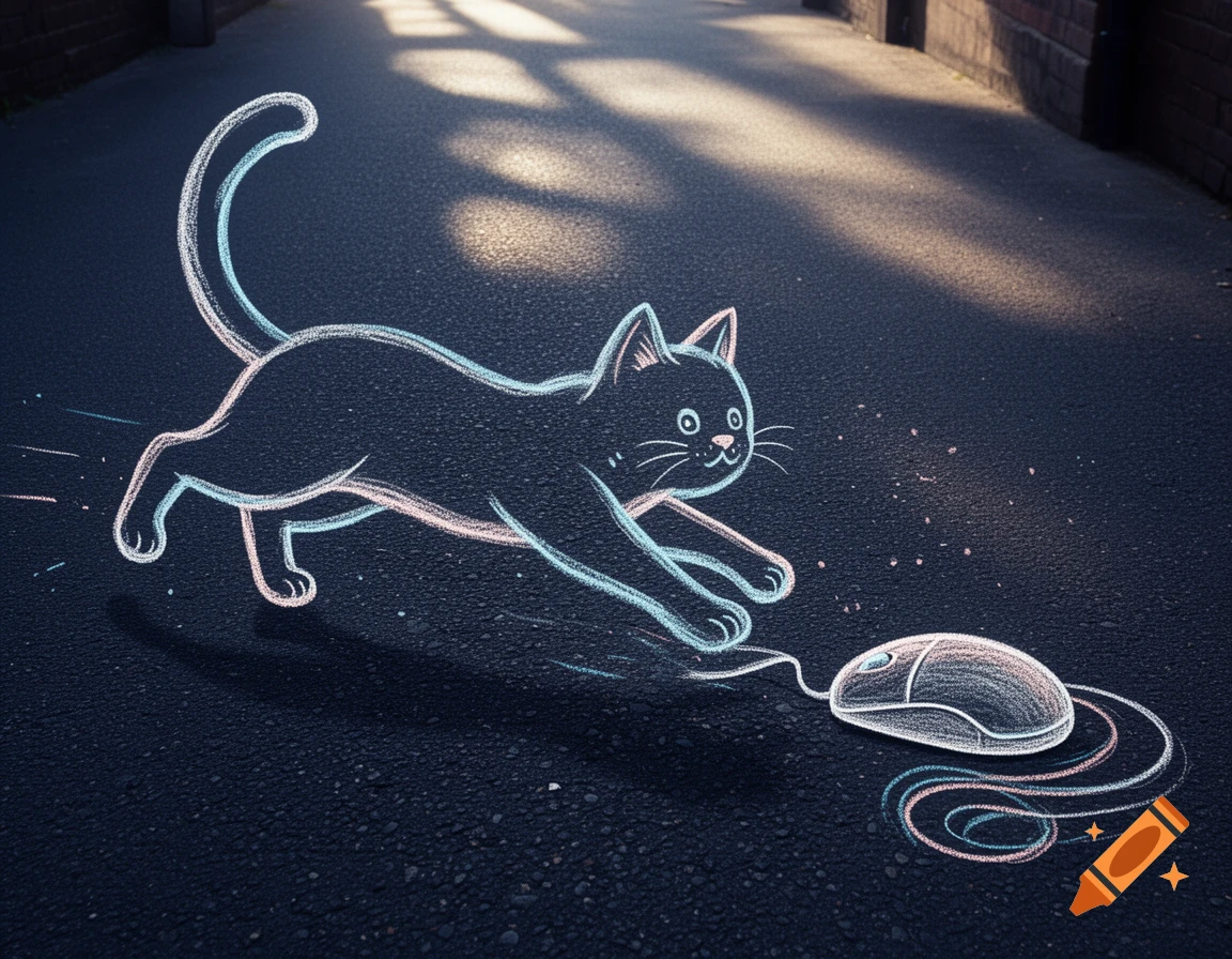 Chalk outline of a playful cat chasing a computer mouse drawn on dark asphalt with sunlit shadows.
