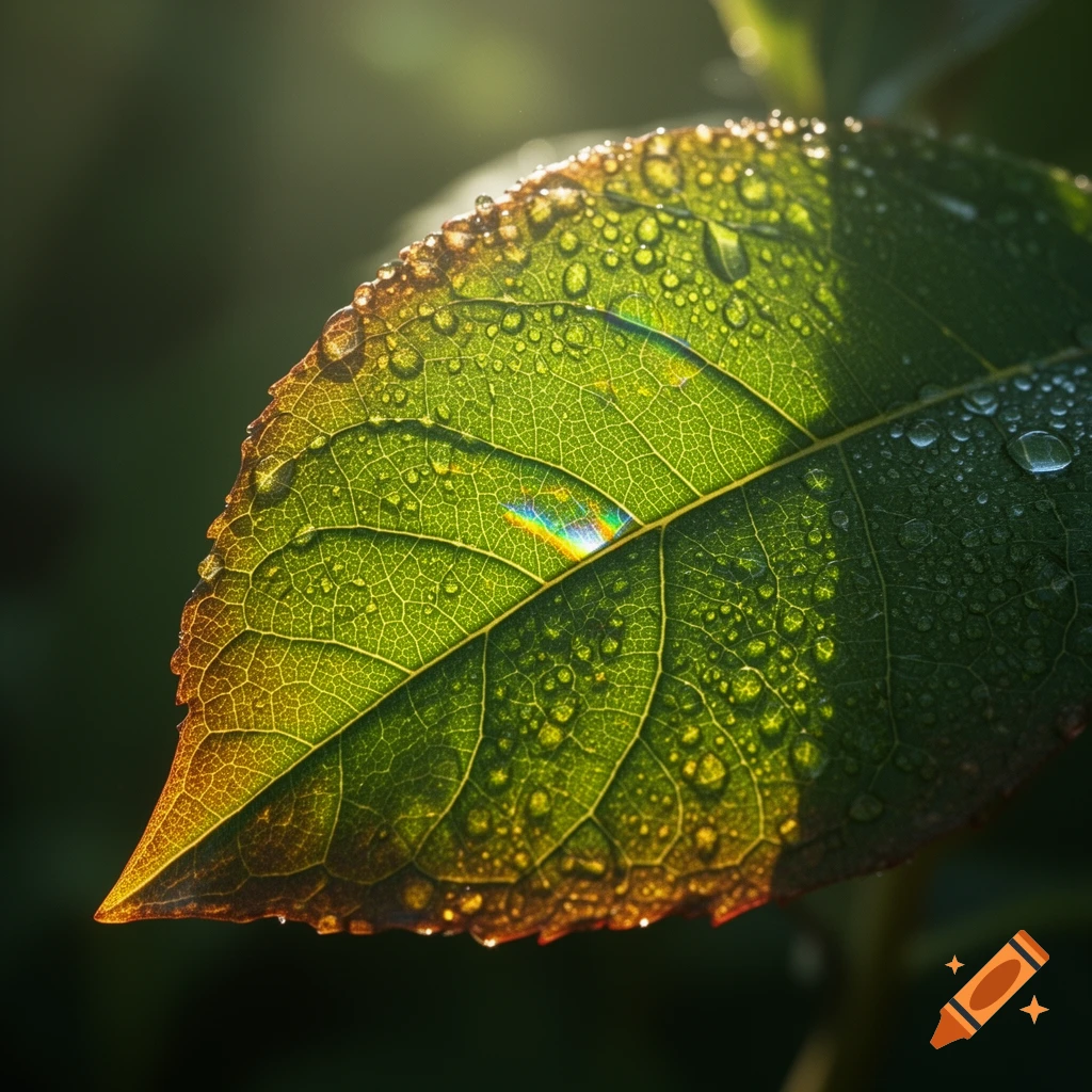A close-up, photorealistic view of a green leaf covered in water droplets, backlit by sunlight showing vibrant veins and a small rainbow refraction.
