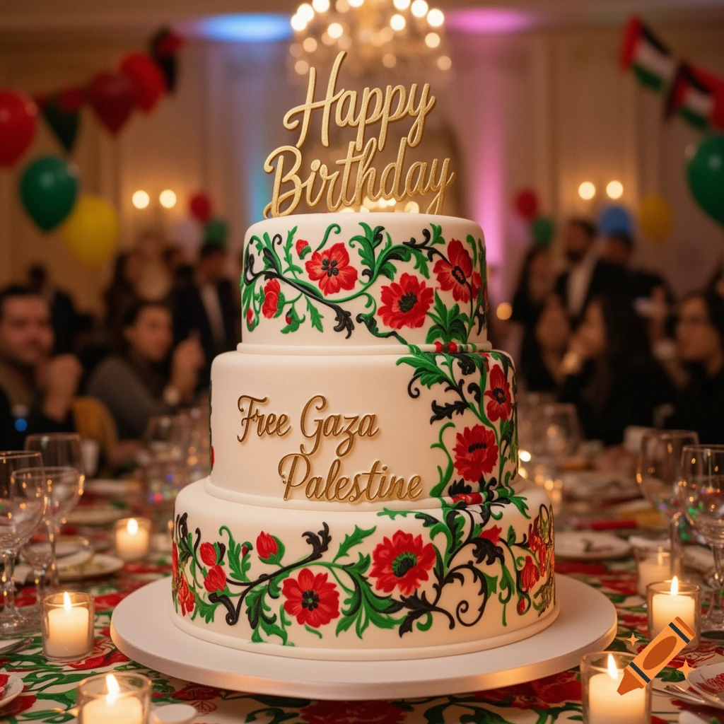 A three-tiered white birthday cake with red floral patterns, 'Happy Birthday' on top, and 'Free Gaza Palestine' on the middle tier, set at a party.