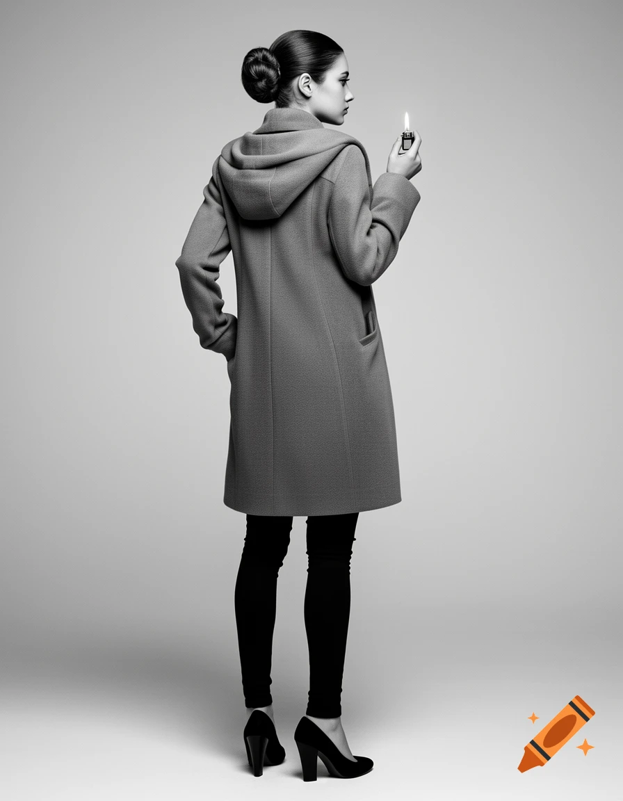 Monochrome photo of a woman in a hooded coat and skinny pants, seen from behind, holding a lit lighter.