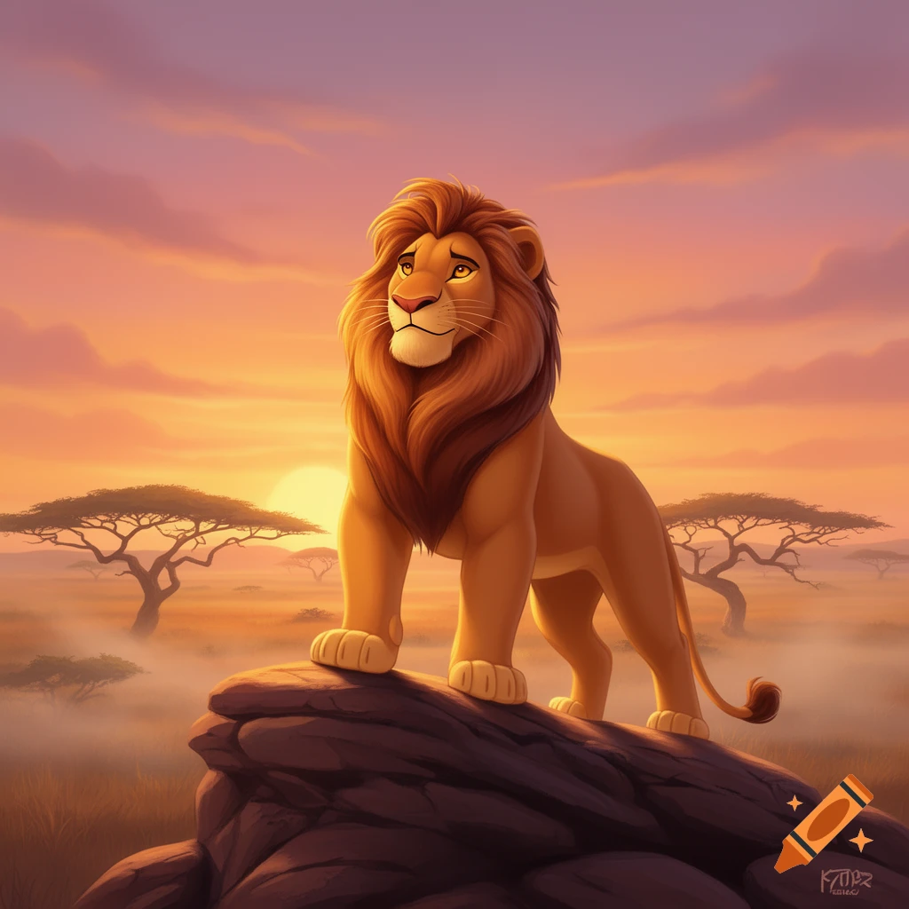 A majestic cartoon lion stands on a rock, gazing into a vibrant savanna sunset with acacia trees.