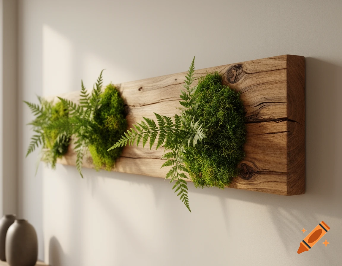 A decorative wooden plank with live moss and fern plants mounted on a white wall.