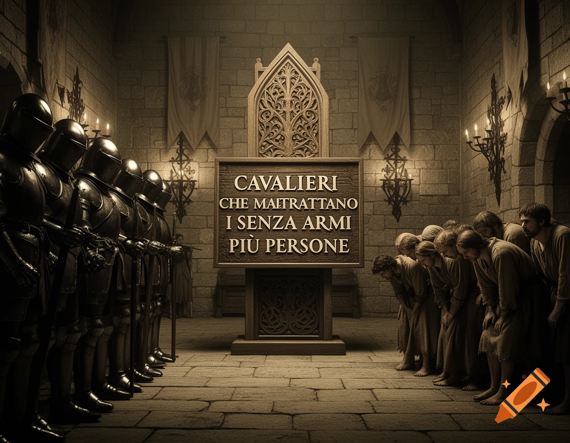 Medieval knights in shining armor line up opposite a group of bowing, unarmed people in a dimly lit stone hall, beneath a sign with Italian text.