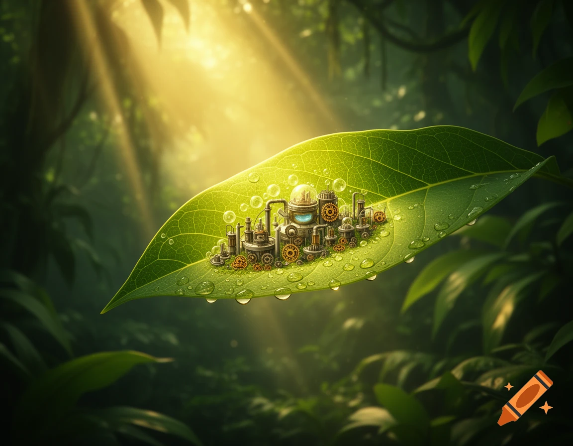 A tiny steampunk factory with gears and pipes sits on a large green leaf covered in dew drops, bathed in sunlight in a lush forest.