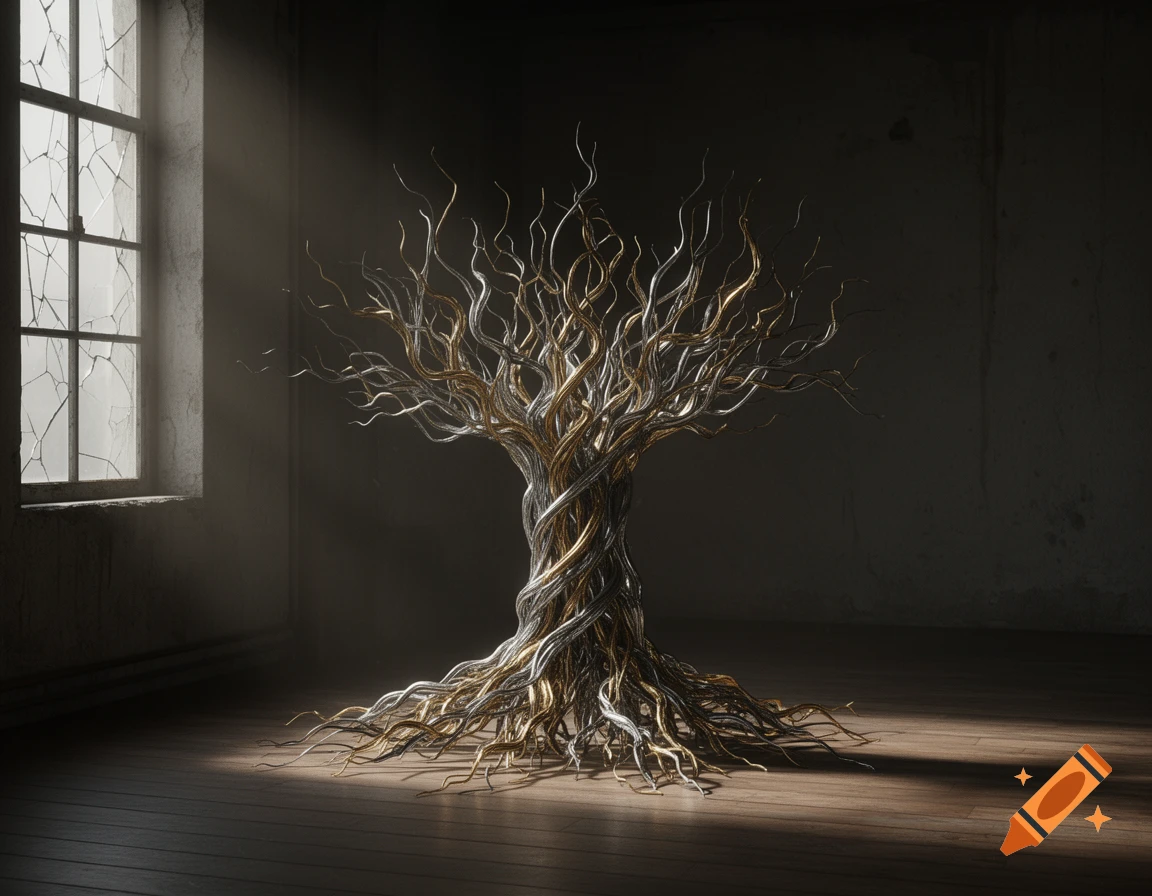 A stylized tree made of intertwining silver and gold branches stands in a dimly lit, abandoned room with a broken window, light streaming in.