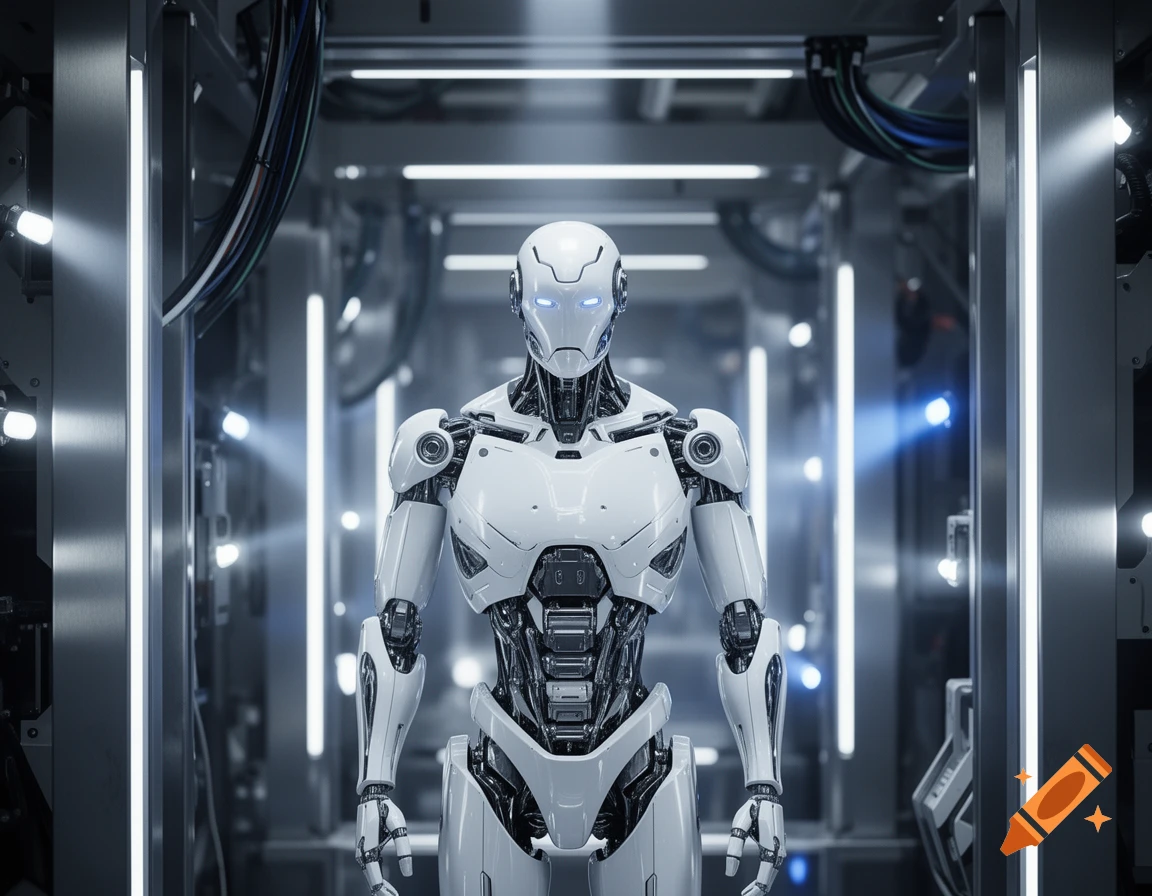 A highly detailed, photorealistic white robot with glowing blue eyes stands in a futuristic, brightly lit metallic corridor.