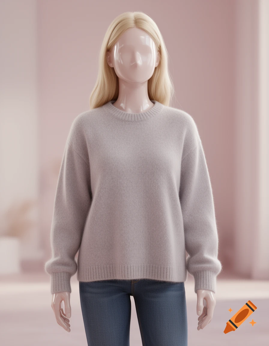 A blonde mannequin with a smooth, featureless face, shiny plastic neck and arms, wearing a light gray sweater and blue jeans against a soft pink background.
