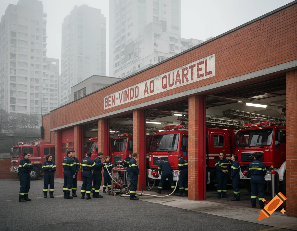 Firefighters in uniform stand with red fire trucks at a fire station, with foggy city buildings in the background.