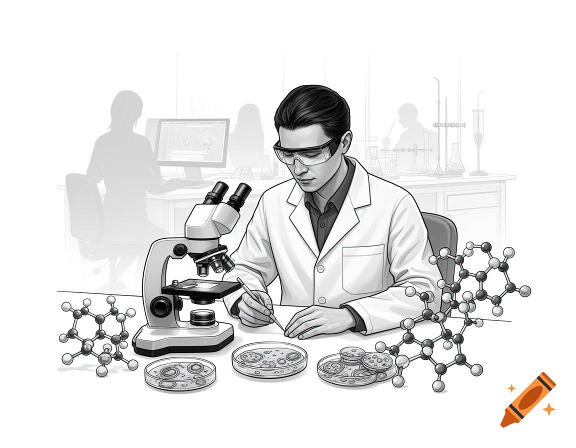 Black and white illustration of a bioengineer in a lab examining petri dishes under a microscope, with molecular structures nearby.