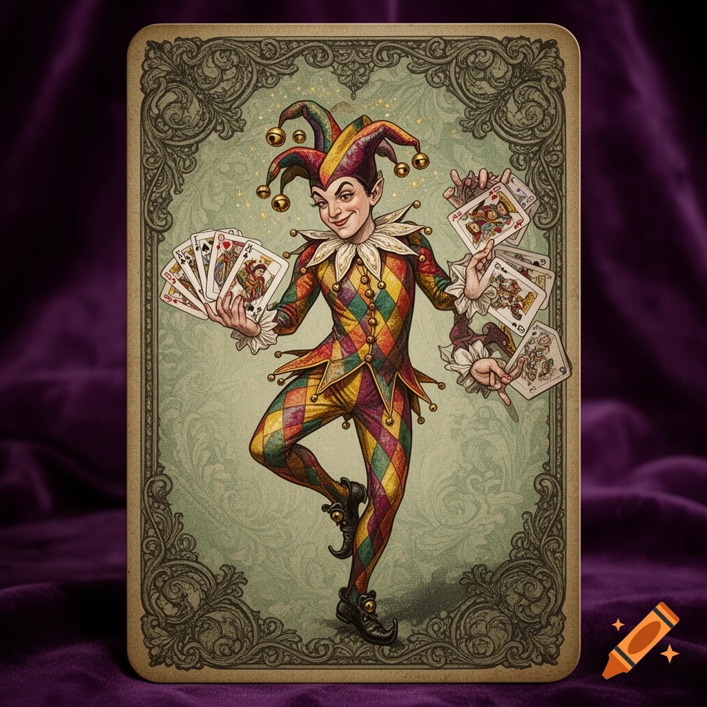 An illustration of a jester in a harlequin suit juggling playing cards, depicted on an ornate vintage-style playing card.