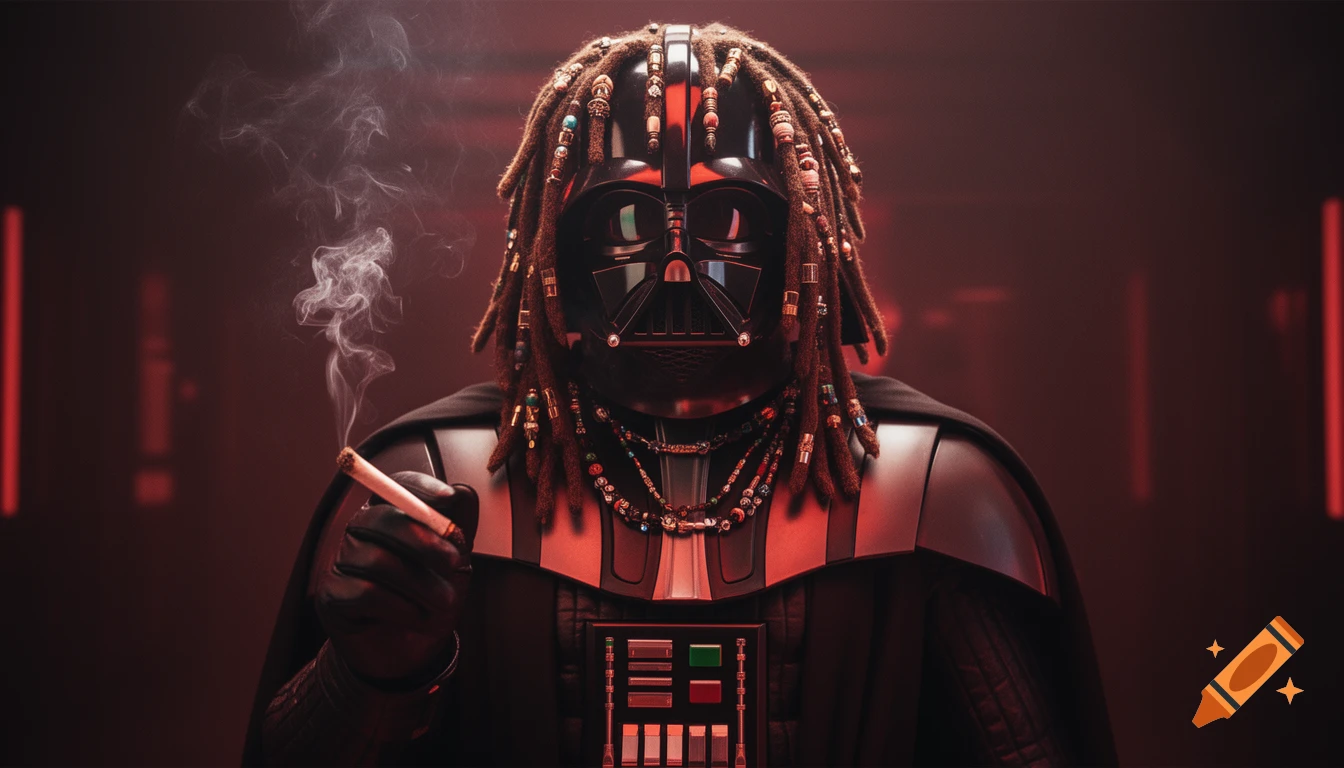 Cinematic portrait of Darth Vader with dreadlocks and beaded jewelry, holding a smoking joint, against a dramatic red-hued background.
