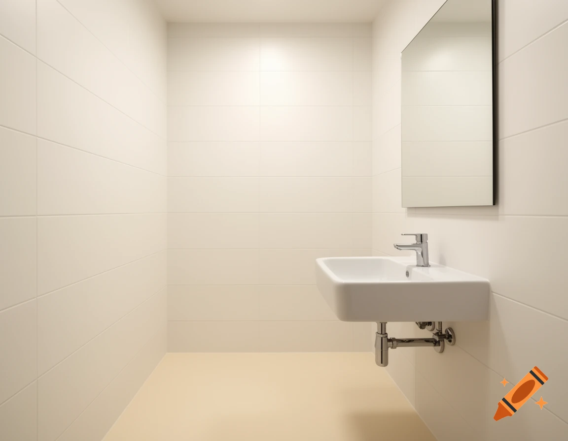 Minimalist bathroom with white tiled walls, rectangular sink, chrome faucet, mirror, and cream-colored floor.