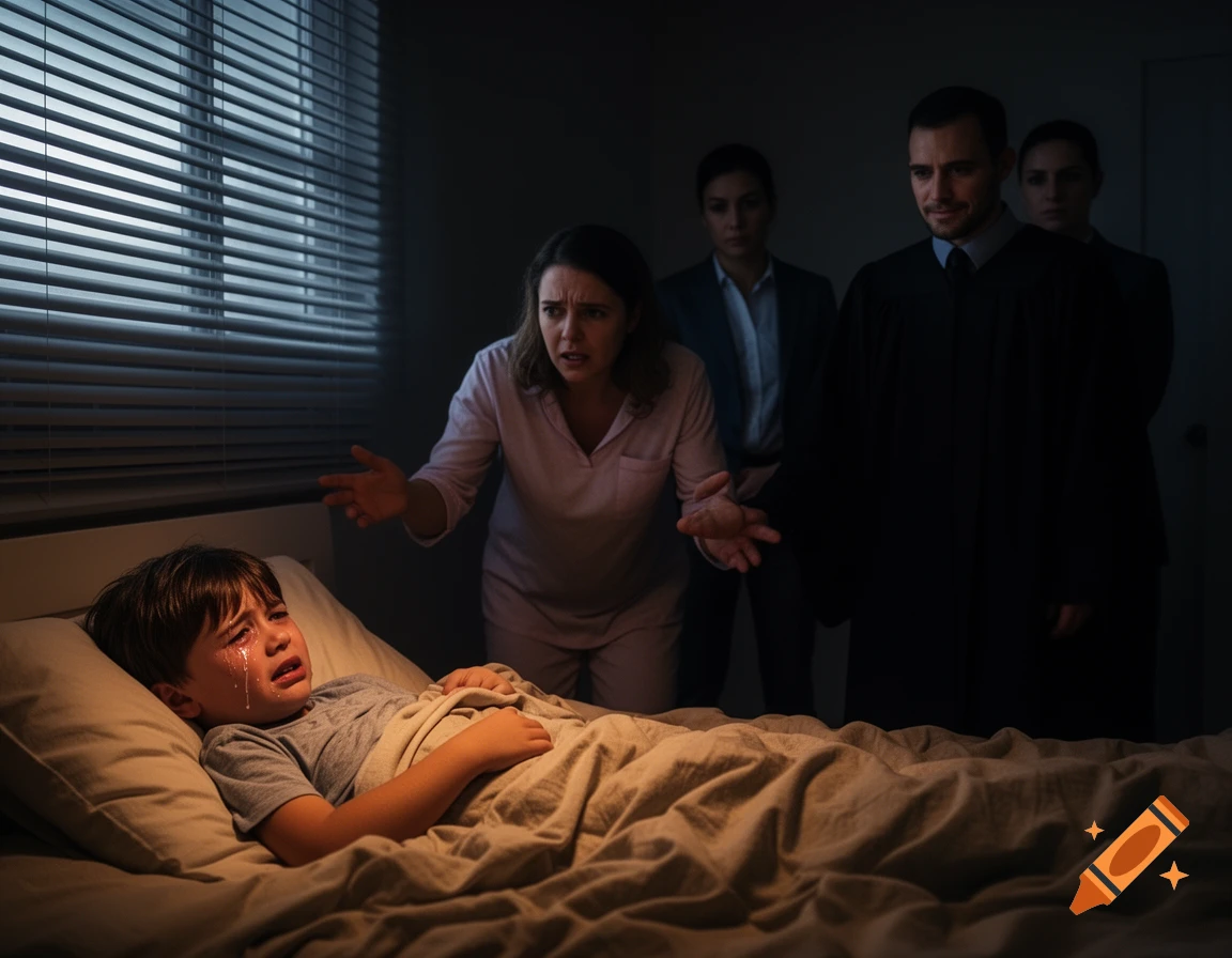 Crying boy in bed with an upset mother reaching for him, as a judge and social workers stand in the dimly lit room.